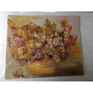 Original Vintage Oil On Canvas Planter w Flowers Painting by Artist Sandy Gordon